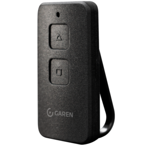 Controle remoto Garen modelo TX Max, com design compacto e acabamento preto texturizado, contendo dois botões retangulares centralizados e logotipo da marca Garen na parte inferior em cinza claro.