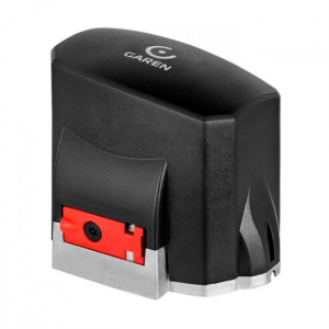 Imagem de um motor para portão eletrônico modelo KDZ Speed Fit Connect da marca Garen. O produto possui design compacto e moderno, com acabamento preto, detalhes metálicos e uma parte vermelha visível no mecanismo de fixação.